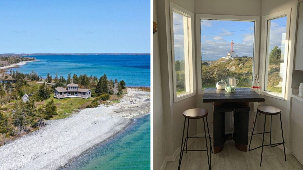 House for sale in Nova Scotia on the ocean with a stone beach. Right: View of a historic lighthouse from a house for sale.