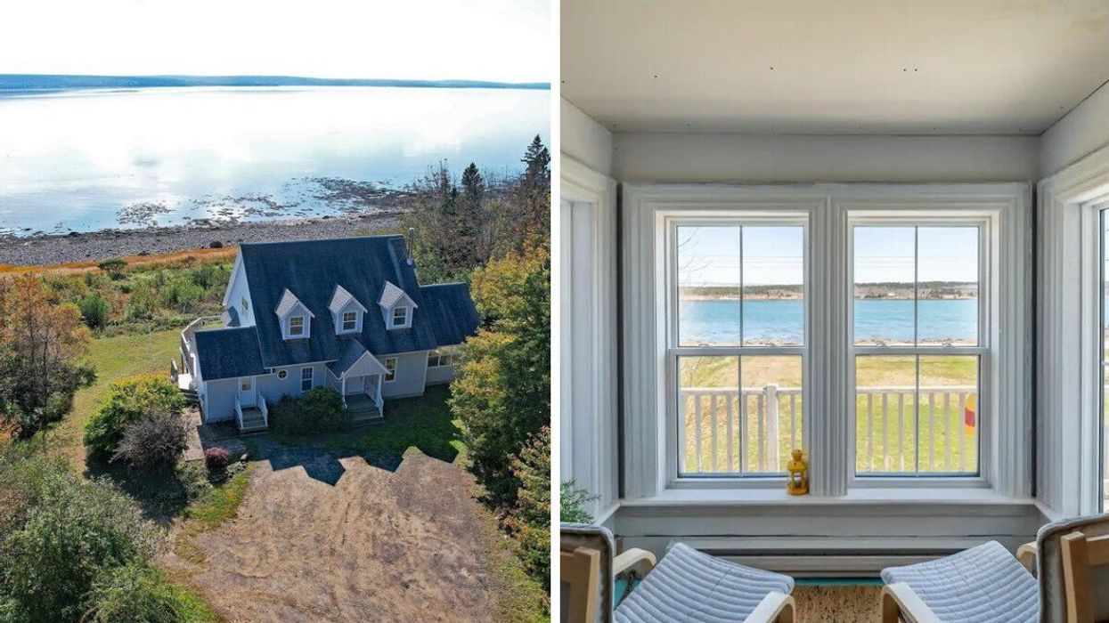 house for sale in nova scotia on the water. right: window in a home overlooking the water
