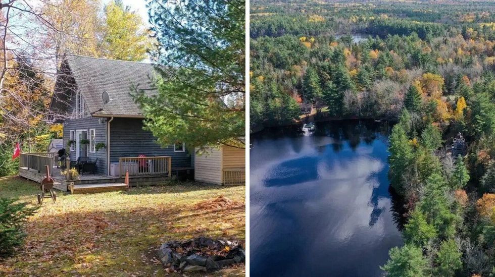 House for sale in Nova Scotia. Right: Aerial view of the house and lake.