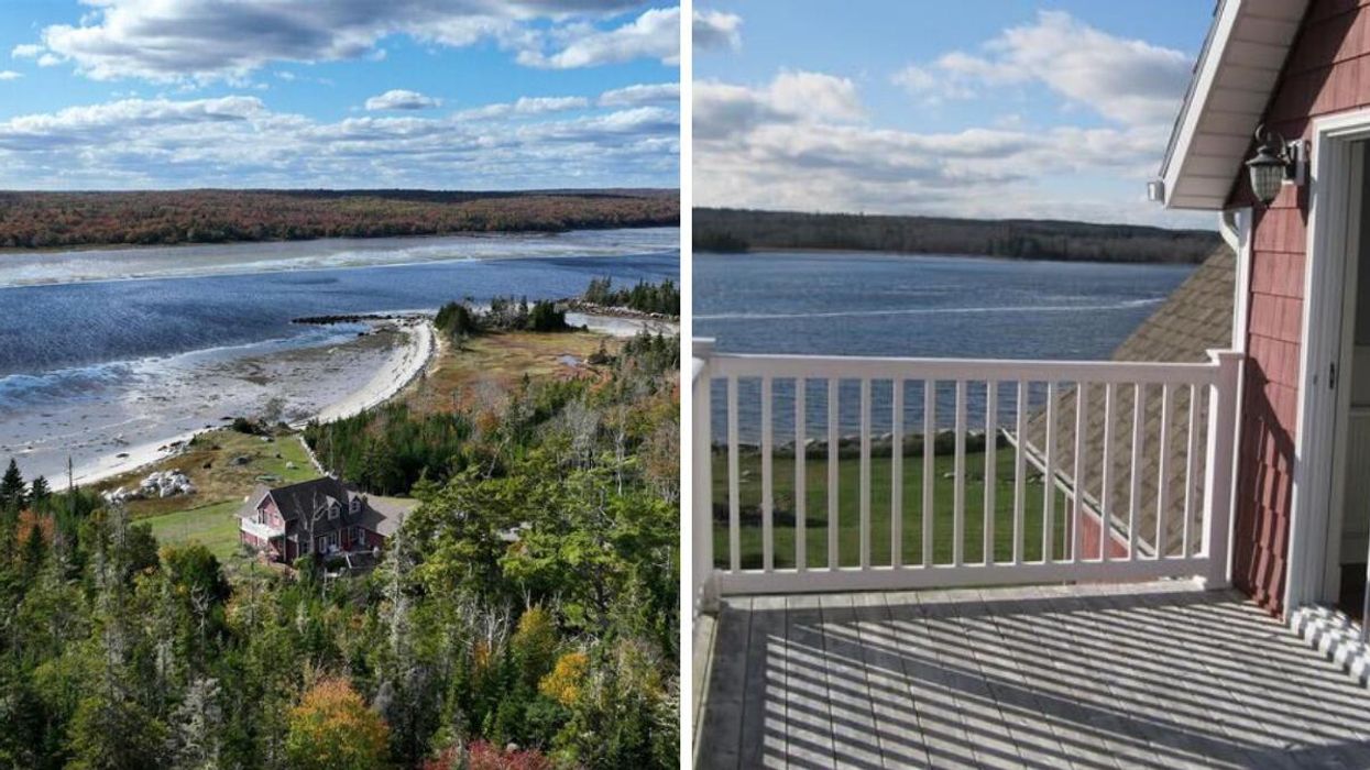 House for sale in Nova Scotia that's on the ocean. Right: Ocean view from the balcony of the house for sale.
