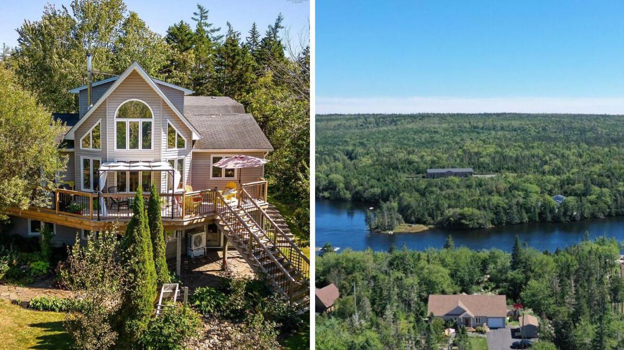 House for sale in Nova Scotia with a wrap-around deck. Right: House for Sale in Nova Scotia that's on a river.