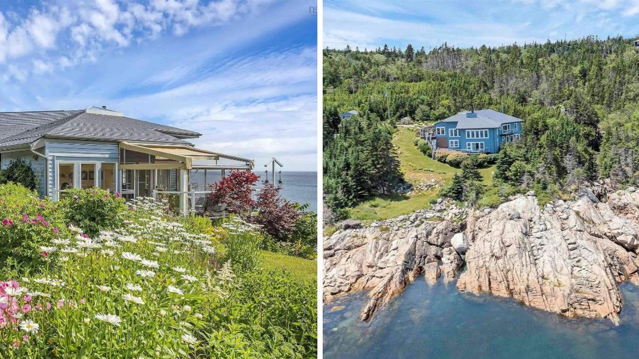 House for sale in Nova Scotia with expansive gardens and a rocky cliff leading down to the ocean.