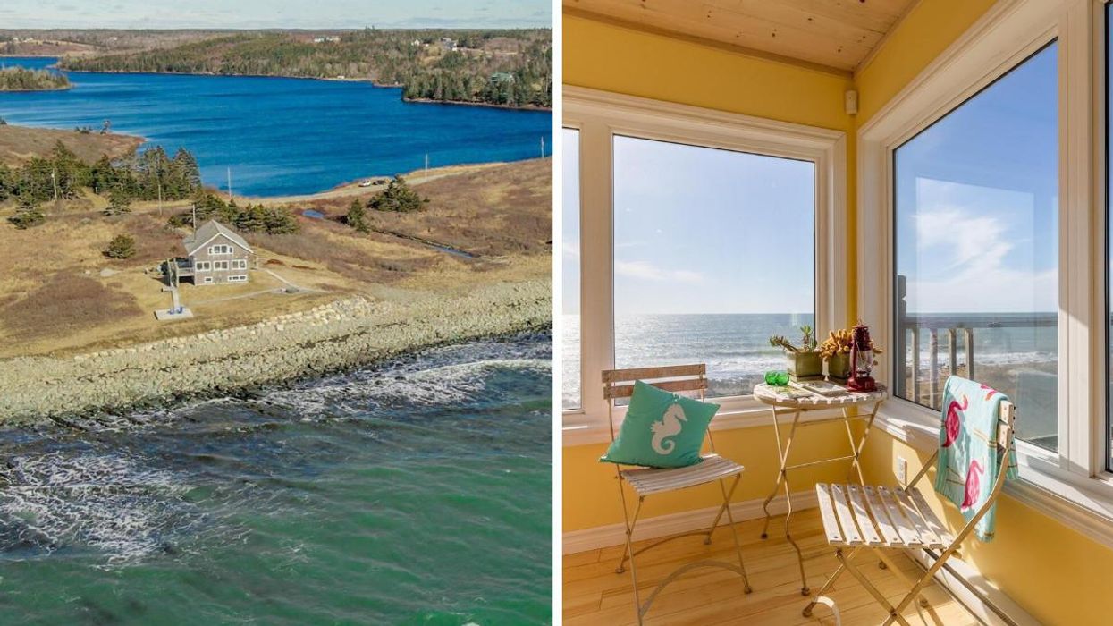 House for sale in Nova Scotia with ocean and lake views. Right: View from inside the house.
