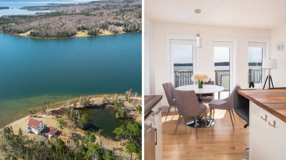 house for sale on bras d'or lake. right: ktichen and dining room in the house