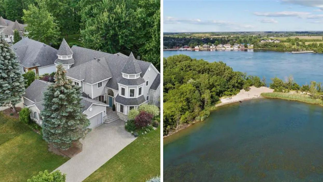 House for sale with turrets. Right: Island with a sandy beach and blue water.