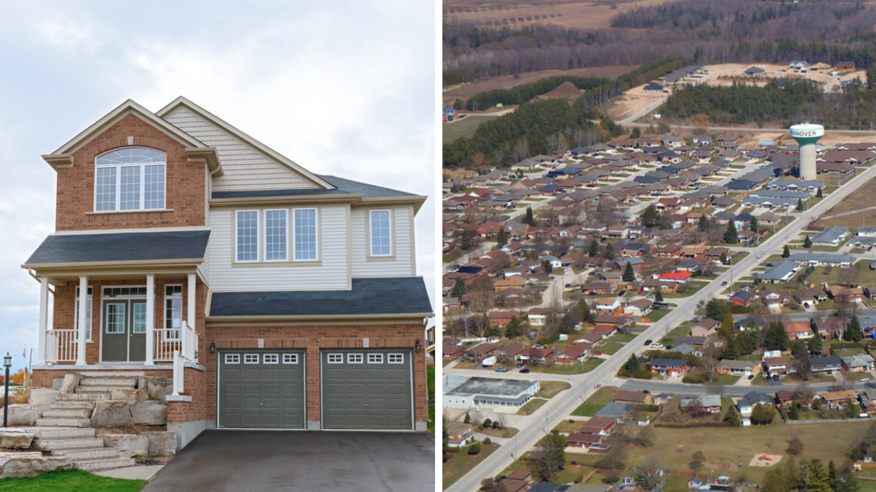 House in Ontario. Right: Aerial view of residential Ontario neighbourhood.