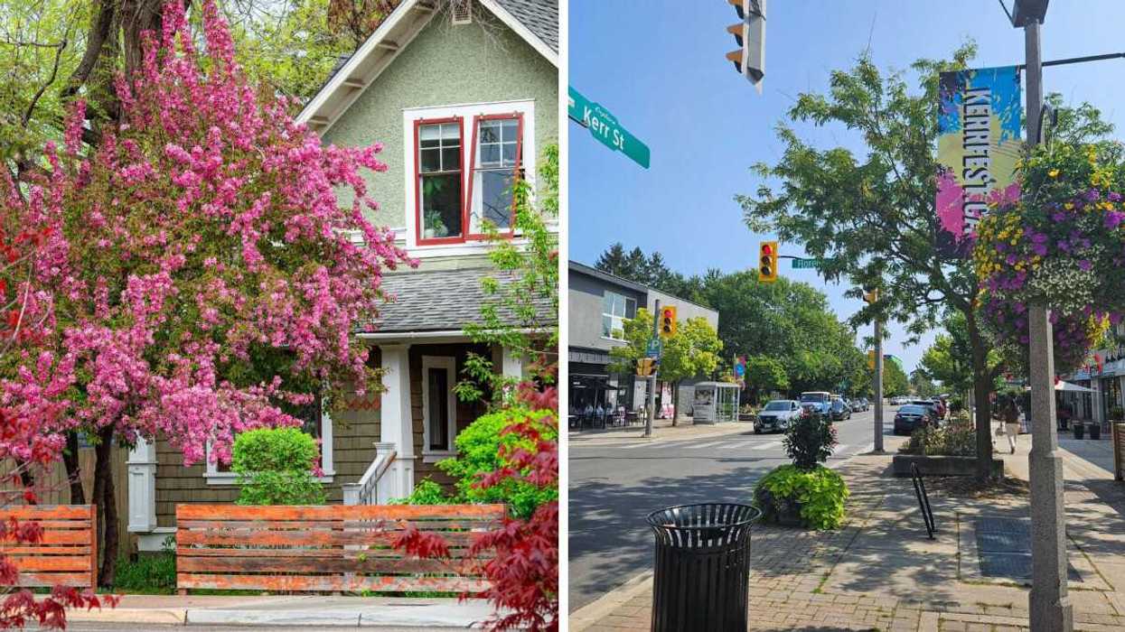 house with pink flowering tree in kelowna bc. right: view of street in oakville ontario from sidewalk