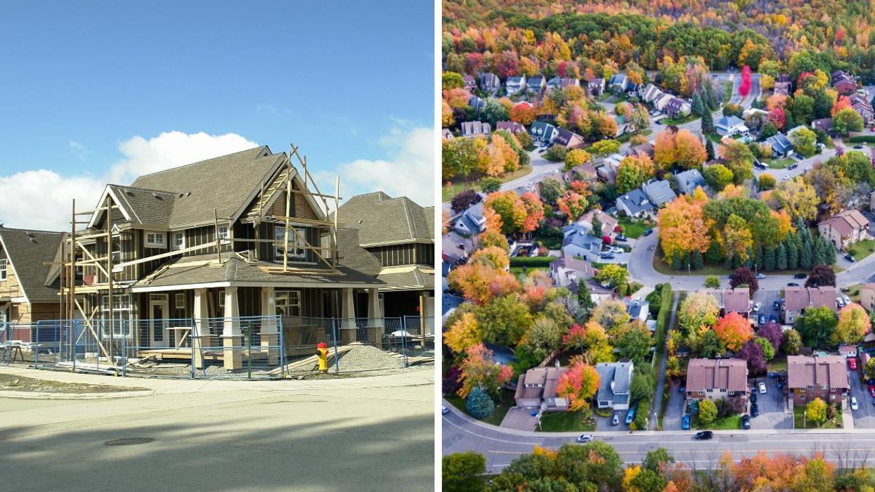 Houses being built in B.C. Right: Aerial view of a neighbourhood in Quebec.