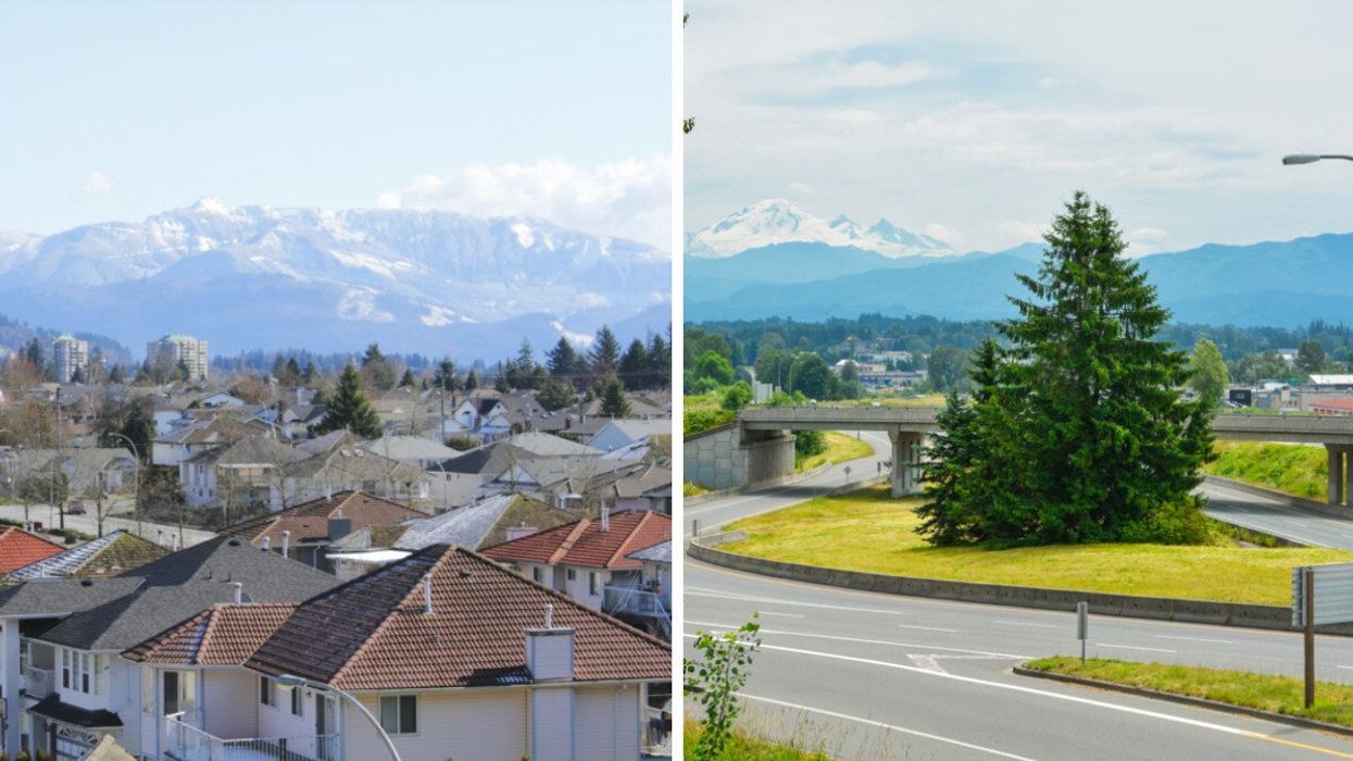 Houses in a city. Right: A highway.