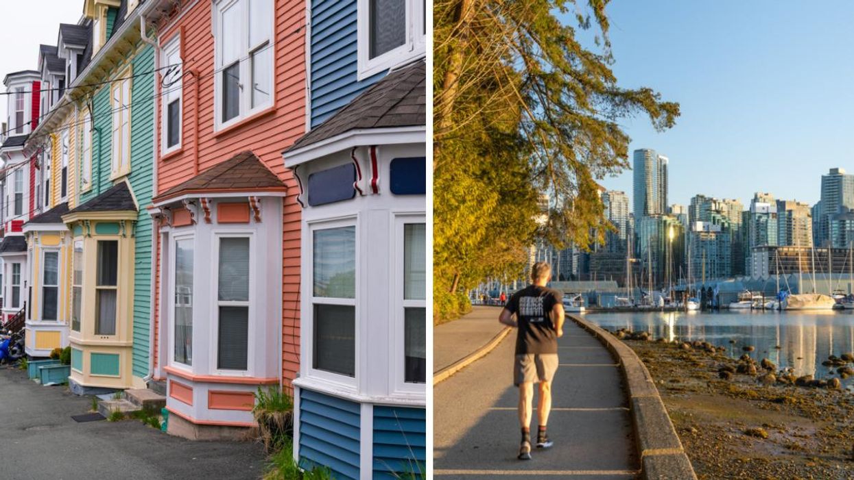 Houses in Newfoundland. Right: Someone running on the seawall in Vancouver.