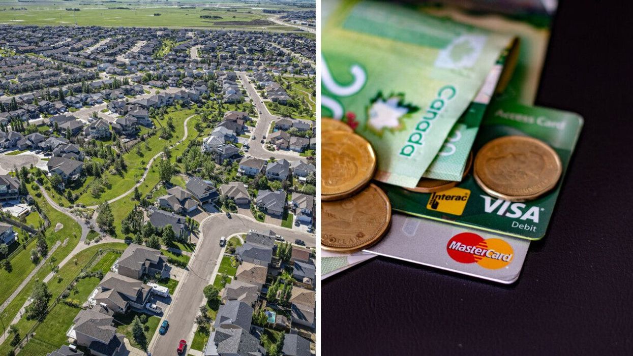 Houses in Saskatchewan. Right: Money and credit cards.