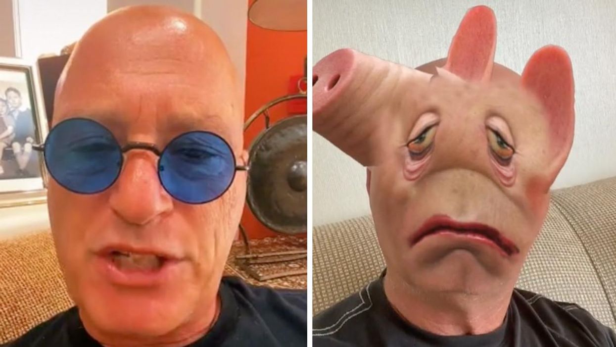 Howie Mandel speaking. Right: Howie Mandel with a TikTok filter on his face.