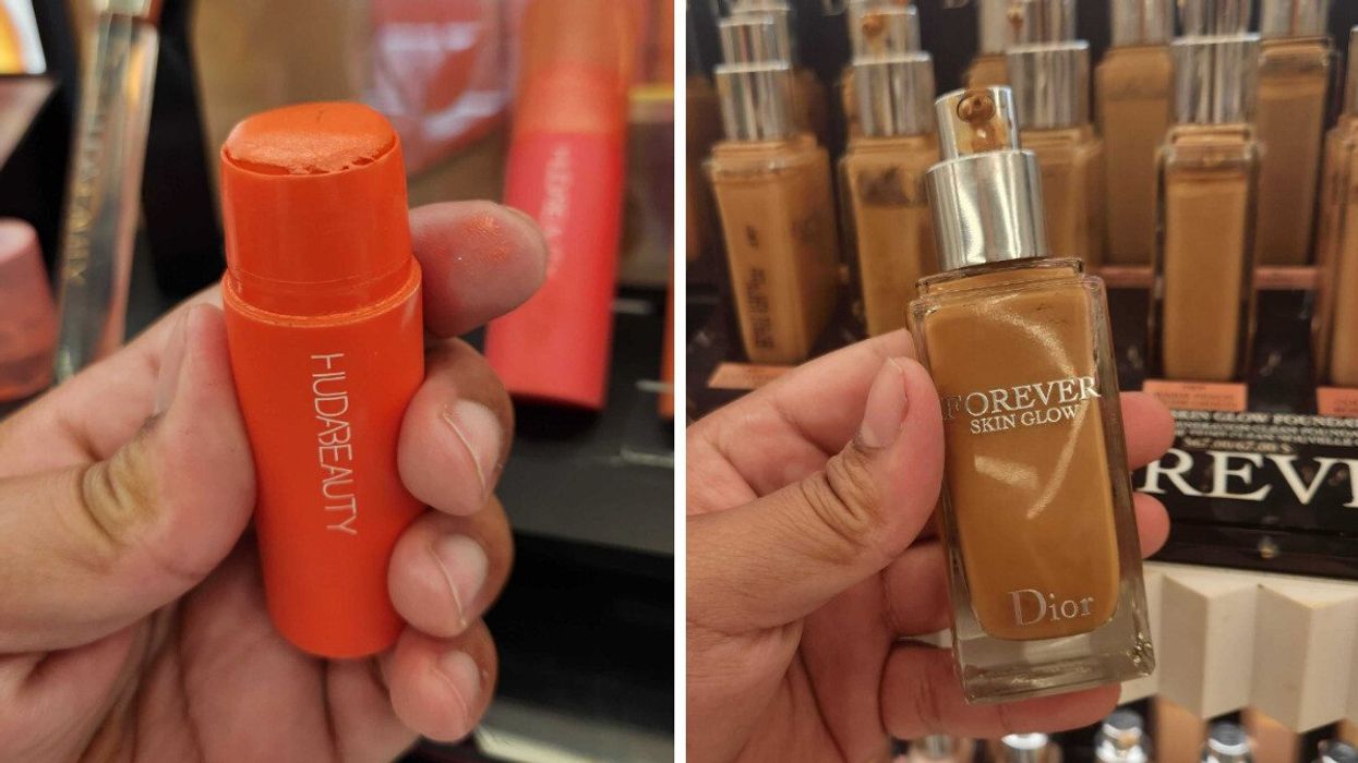 HUDA BEAUTY Cheeky Tint Cream Blush Stick in the shade Coral Cutie. at a Sephora store in Ajax. Right: Dior Forever Skin Glow Hydrating Foundation at a Sephora store in Ajax.