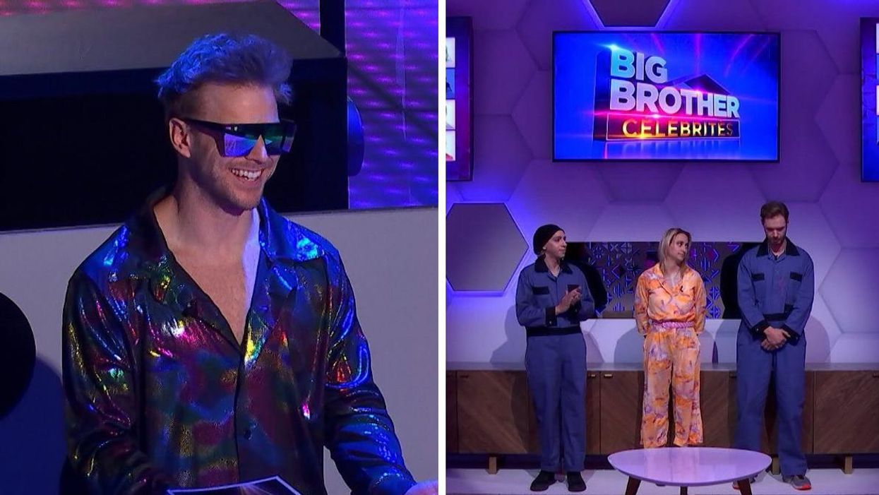 Hugo Barrette à Big Brother Célébrités. Droite : Patron de la semaine à Big Brother Célébrités.