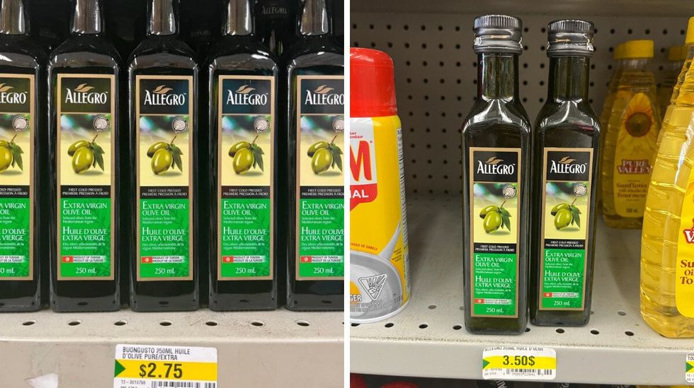 Huile d'olive extra vierge \u00e0 2,75 $. Droite : Huile d'olive extra vierge \u00e0 3,50 $.