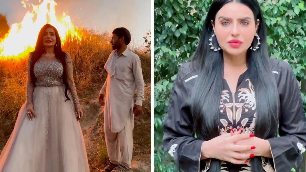 Humaira Asghar standing in front of a fire. Right: Humaira Asghar giving a statement in a video.