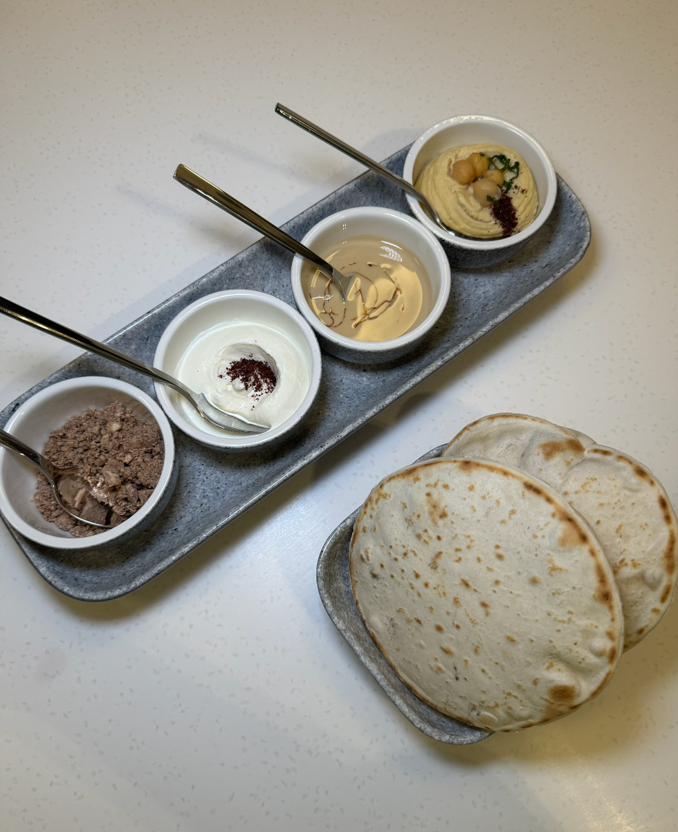 Hummus, labneh, halawa, debes and tahini from Miss Aida in Toronto with a side of warm pita bread.