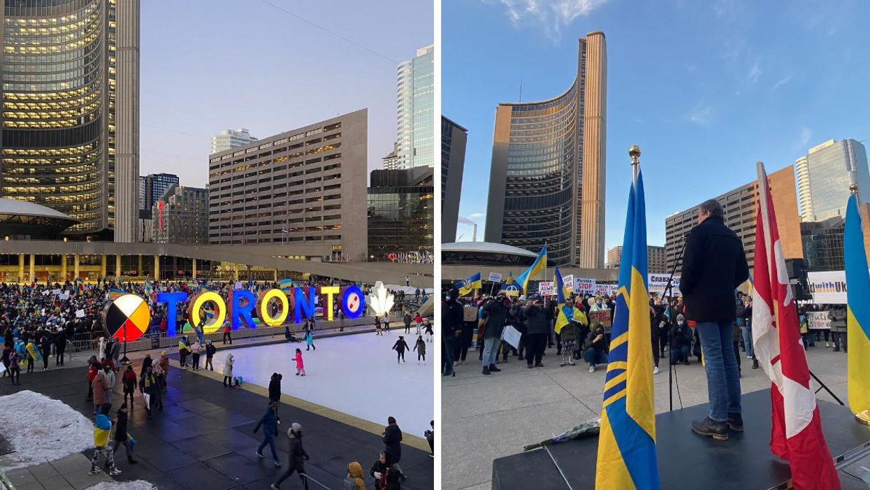 Hundreds gathered at Nathan Phillips Square to stand in solidarity with the people of Ukraine.