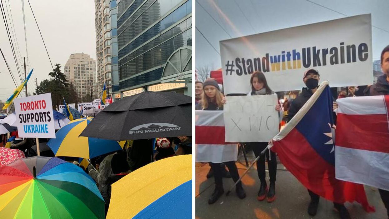 Hundreds Gathered In The Rain For The 'Stand With Ukraine' Rally In Toronto Yesterday