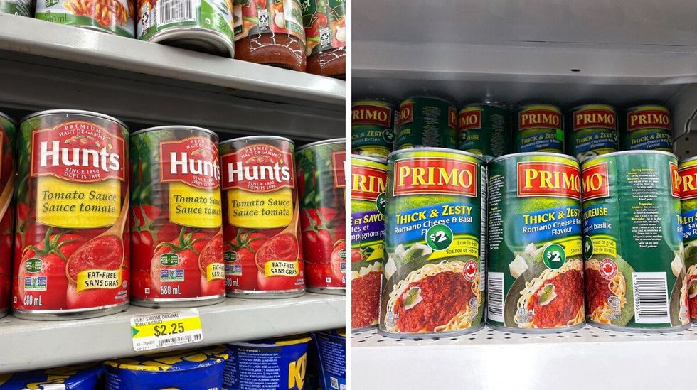 hunt's tomato sauce cans on a shelf at dollarama. right: primo tomato sauce at dollar tree