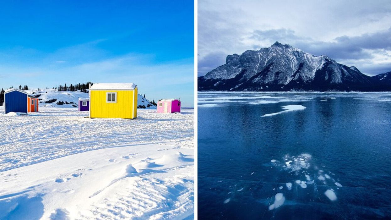 Huts on a lake in the Northwest Territories. Right: A frozen lake in Alberta.