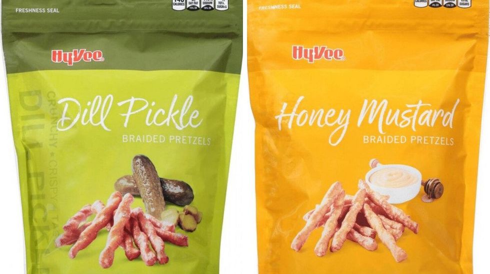 Hy-Vee's recalled Dill Pickle Braided Pretzels. Right: Hy-Vee's recalled Honey Mustard Braided Pretzels.