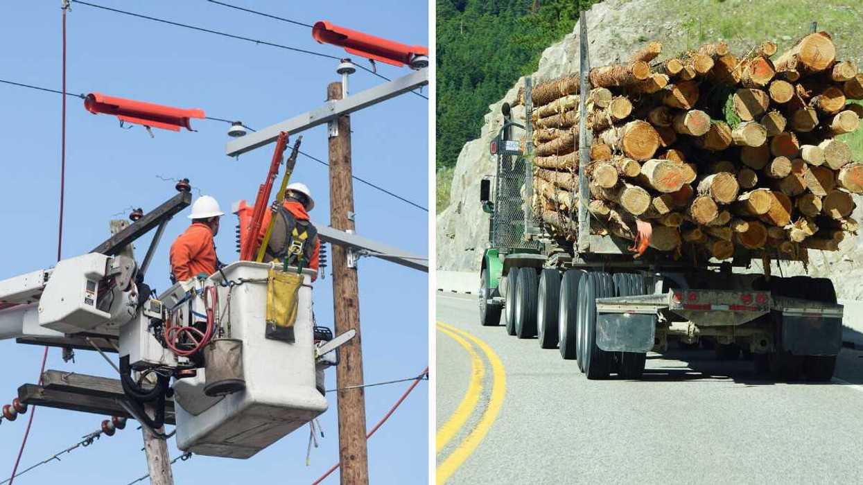 Hydro workers. Right: A logging truck.