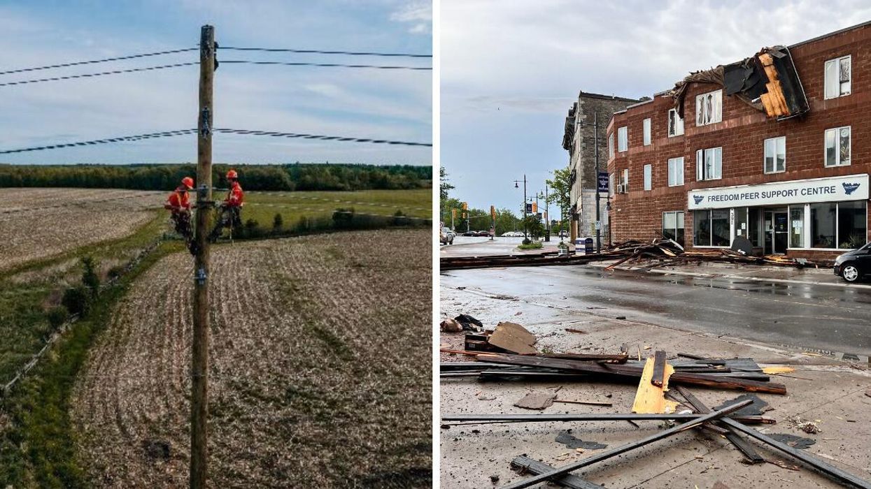 Hydro workers. Right: Damage after the storm in Belleville, Ontario.
