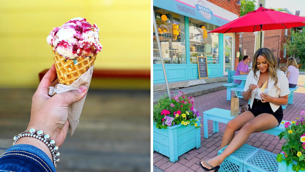 Ice cream cone from Carp Custom Creamery. Right: Eating ice cream at The Merry Dairy.