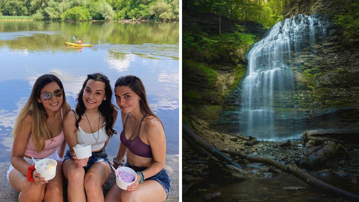 Ice cream from The Boathouse in Guelph, Ontario. Right: Tiffany Falls in Ancaster, Ontario.