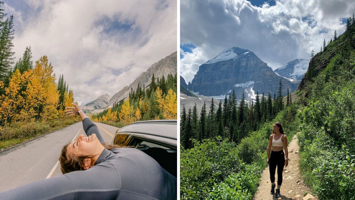 Icefields Parkway in Alberta. Right: Hike in Alberta.