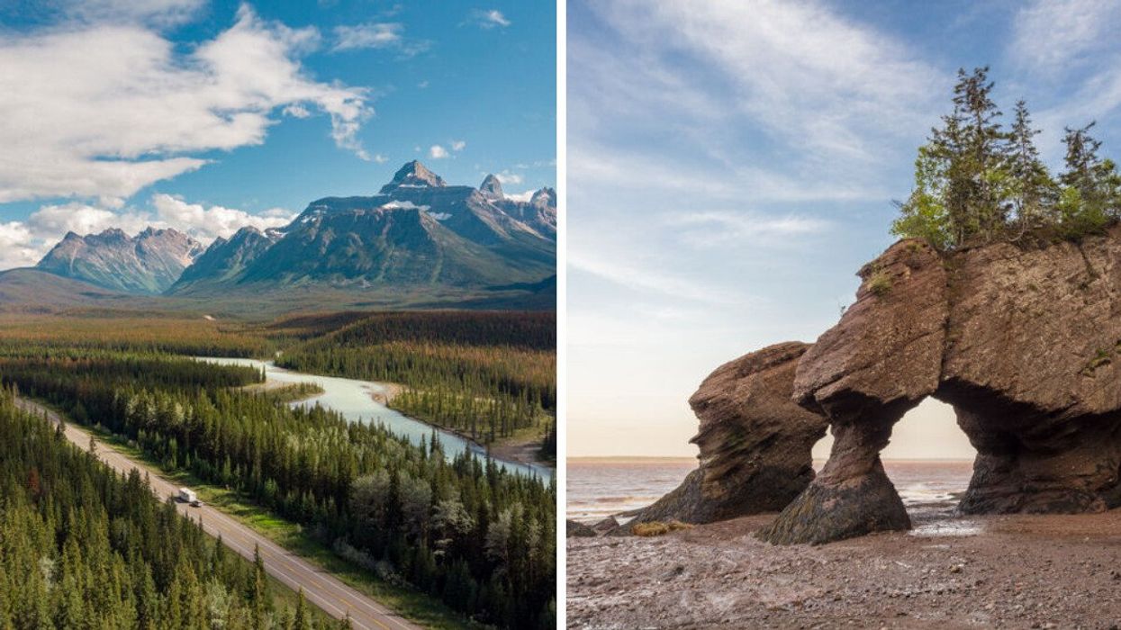 Icefields Parkway in Alberta. Right: Hopewell Rocks on the Fundy Coastal Drive in New Brunswick.
