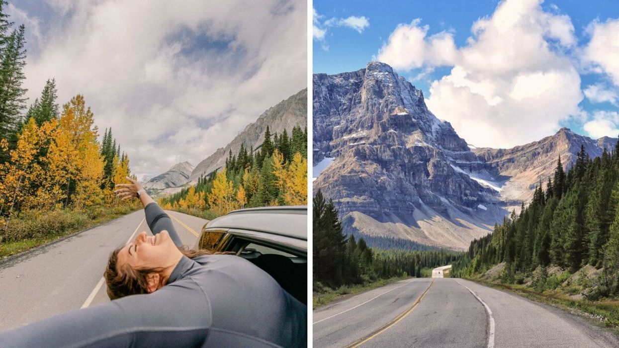 Icefields Parkway in Alberta. Right: Icefields Parkway road trip Alberta.