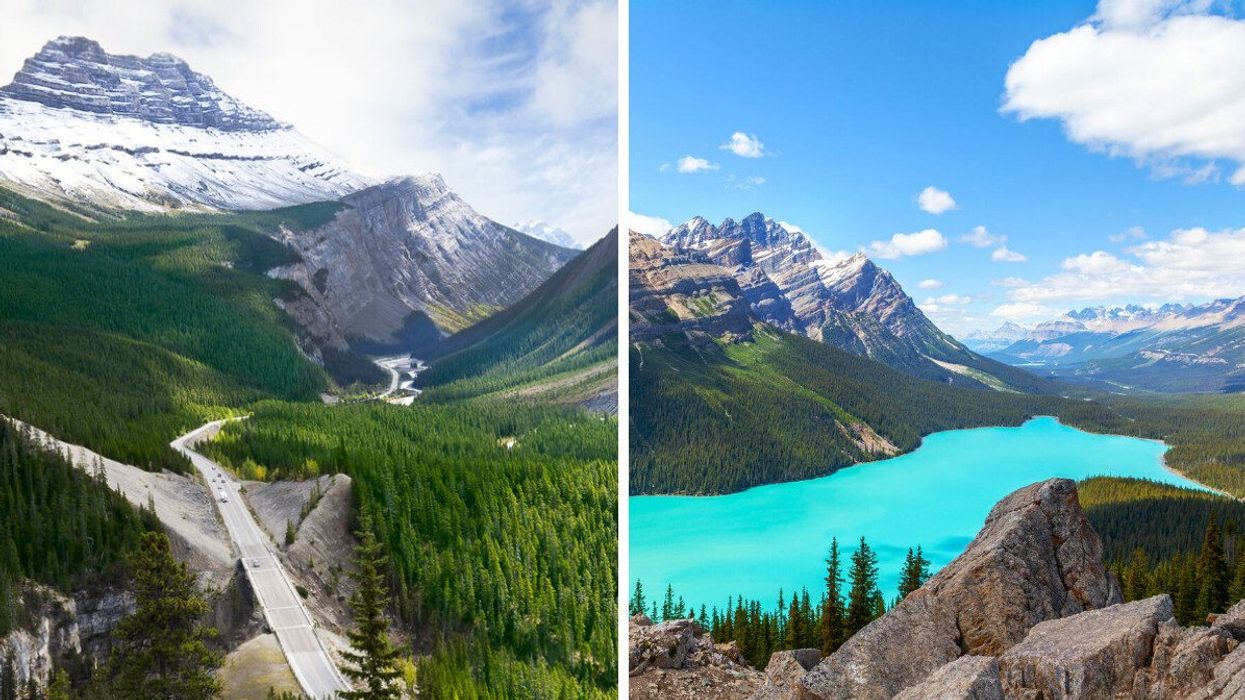 Icefields Parkway was named as one of the most beautiful road trips. Right: Peyto Lake is on Icefields Parkway.