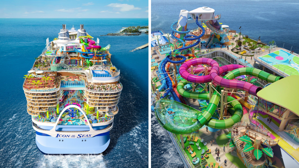 Icon of the Seas rendering. Right: The rendering of the waterpark on the cruise ship.