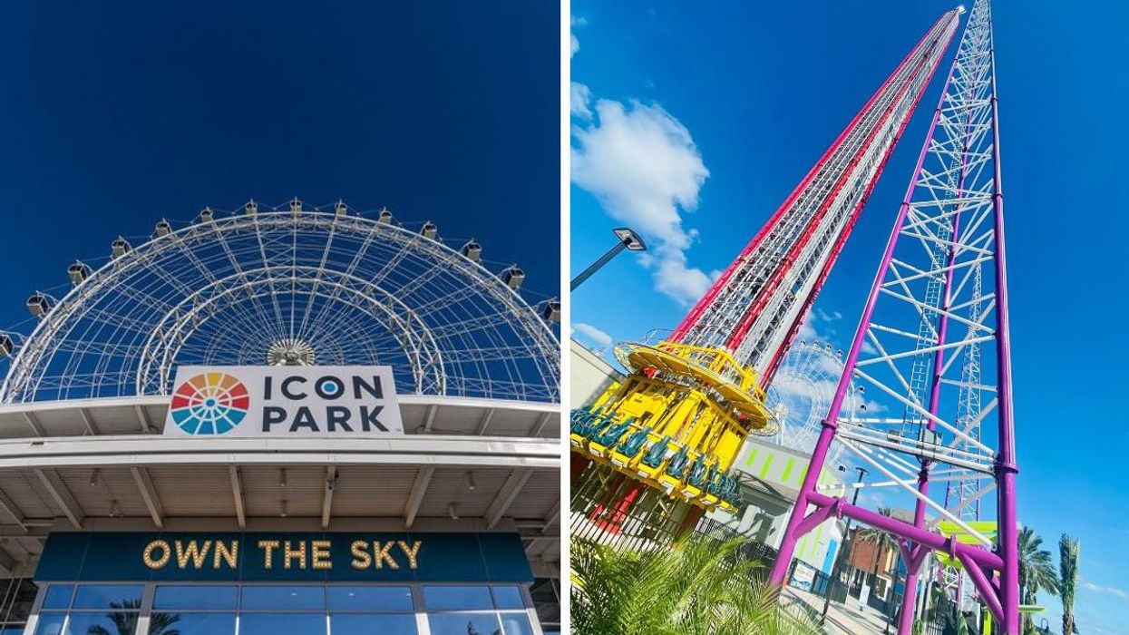 ICON park entrance. Right: The Orlando Slingshot and The Orlando Free Fall at ICON Park.