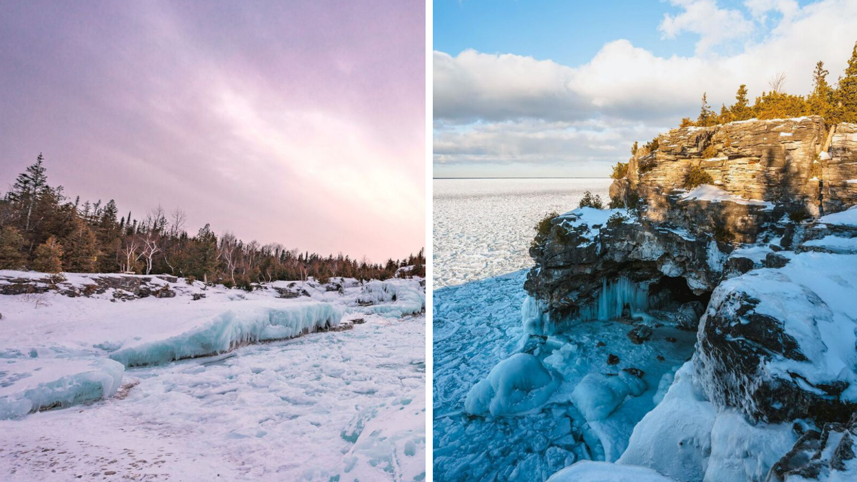 Icy shoreline in Bruce Peninsula National Park. Right: The Grotto in the winter.