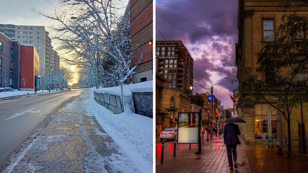 Icy, snow-covered sidewalk in Montreal. Right: Person walking with an umbrella in Toronto while it's raining.
