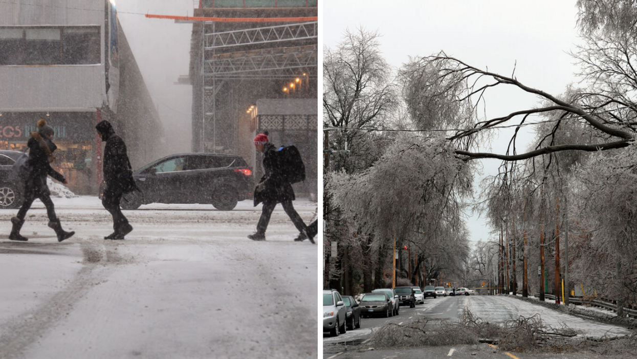 Icy Toronto street. Right: Icy road with falling tree branches.