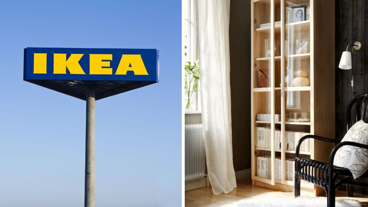 IKEA sign on a pole. Right: IKEA's BILLY Bookcase and a chair in a living room.