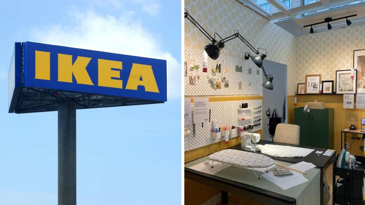 IKEA sign. Right: An office set up at IKEA in downtown Toronto.