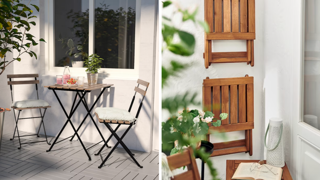 IKEA table and chair set. Right: Folded stools that are hung up.