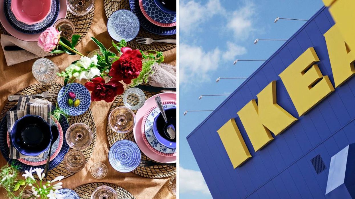 IKEA table setting. Right: Outside view of IKEA store.