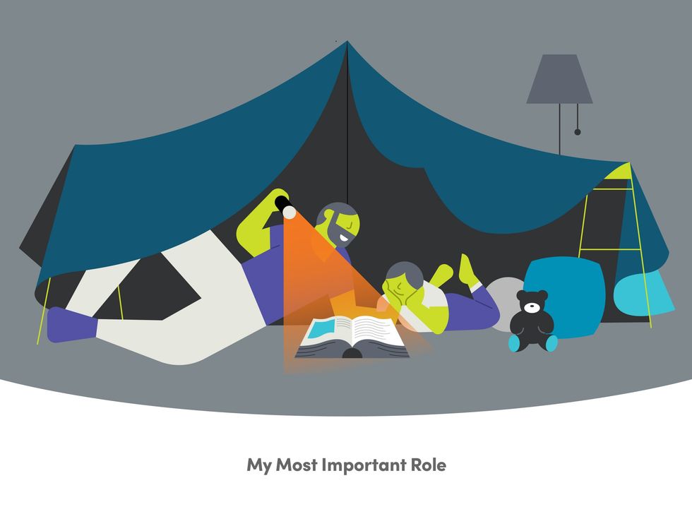 Illustration of a father reading to his child by flashlight inside a cozy indoor blanket fort, with a book open and a teddy bear nearby, highlighting the importance of fatherhood and quality time.