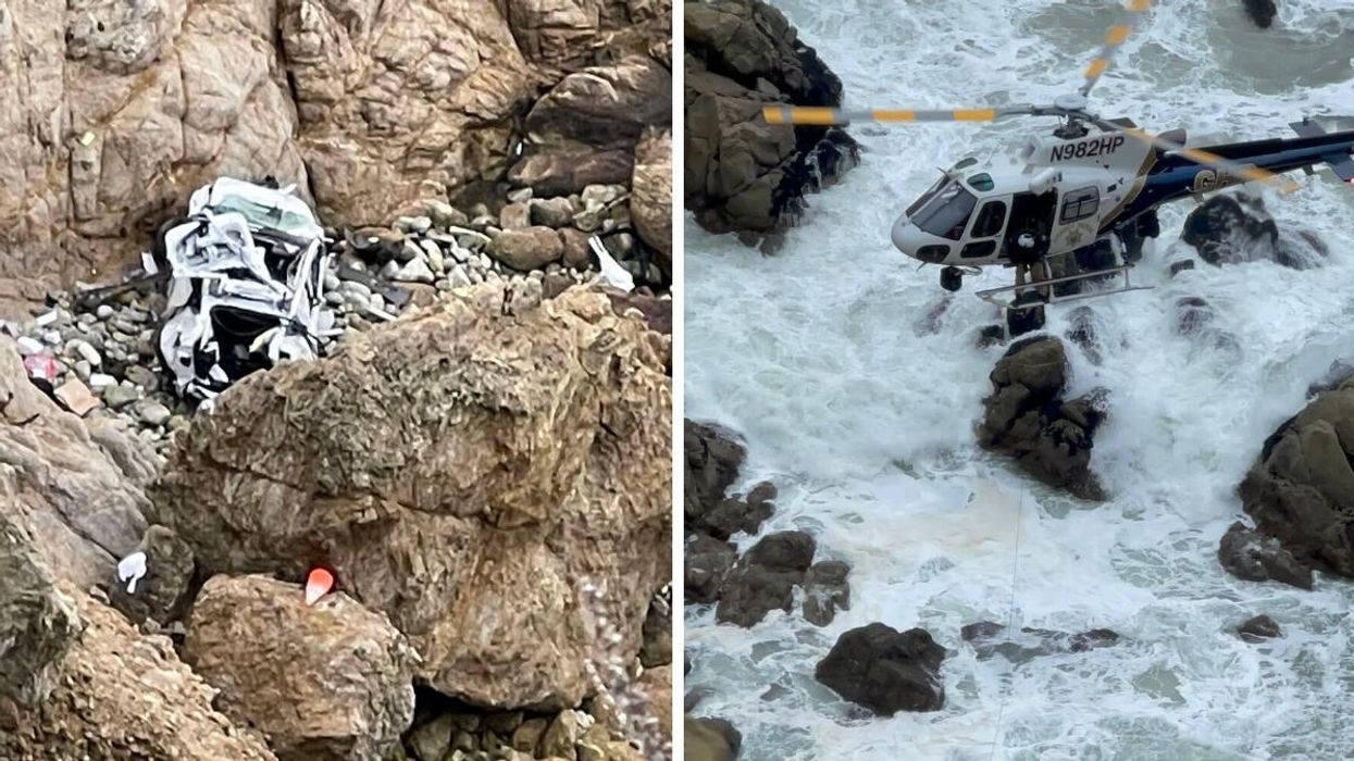 Image of the crashed car. Right: Image of the rescue.