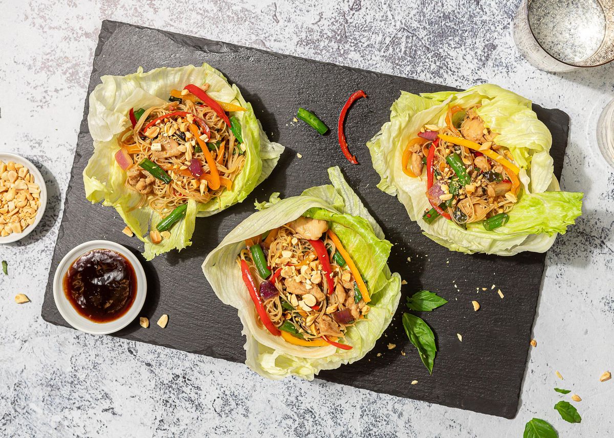 Spicy Thai Chicken Lettuce Wraps With Thai Basil, Bell Pepper