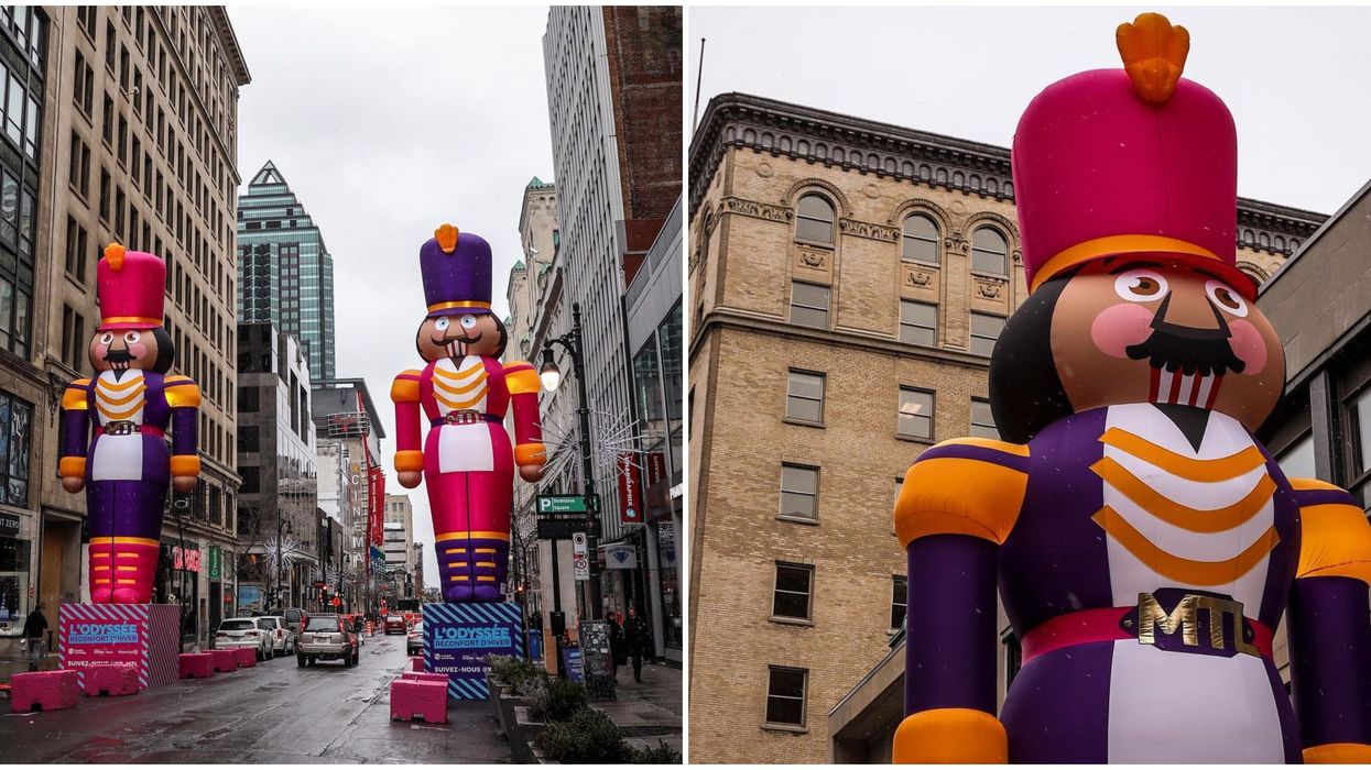2 énormes casse-noisettes sont de garde sur la rue Ste-Catherine à Montréal et ça surprend