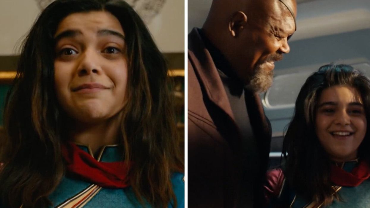 Iman Vellani as Ms. Marvel/Kamala Khan in "The Marvels." Right: Samuel L. Jackson as Nick Fury and Iman Vellani as Kamala Khan in "The Marvels."
