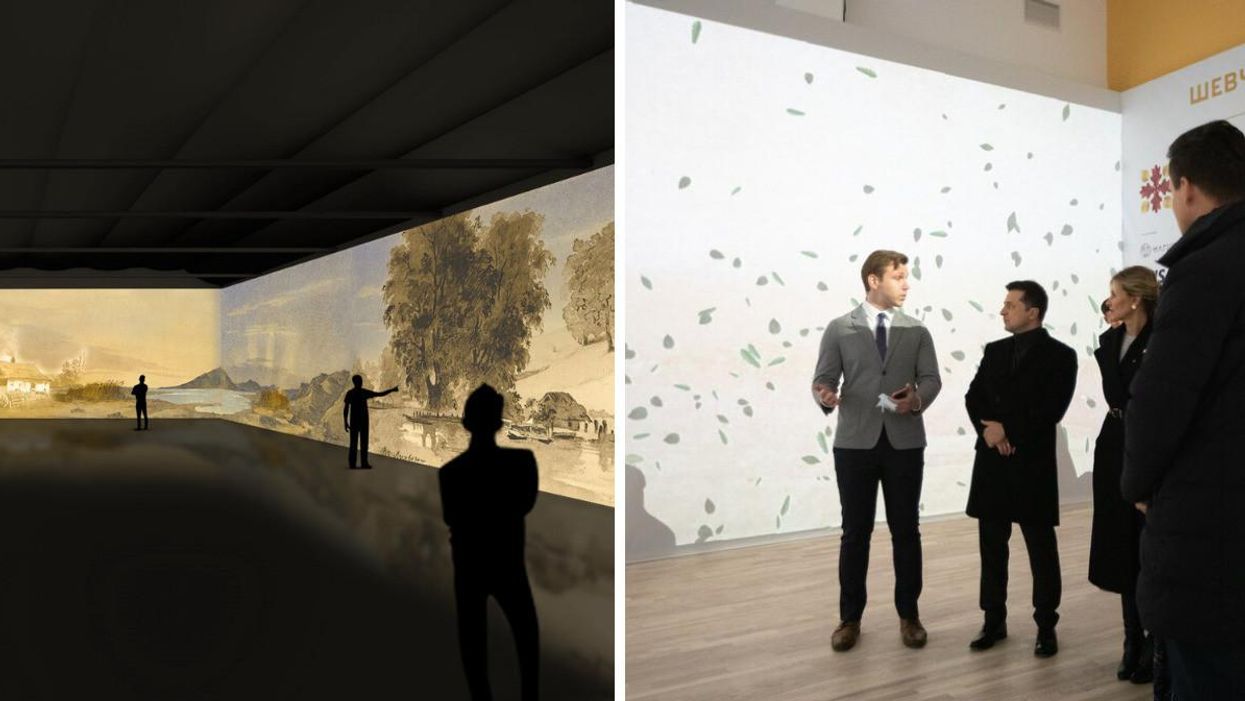 Immersive Shevchenko Exhibit. Right: President Zelensky at the Immersive Shevchenko Exhibit.