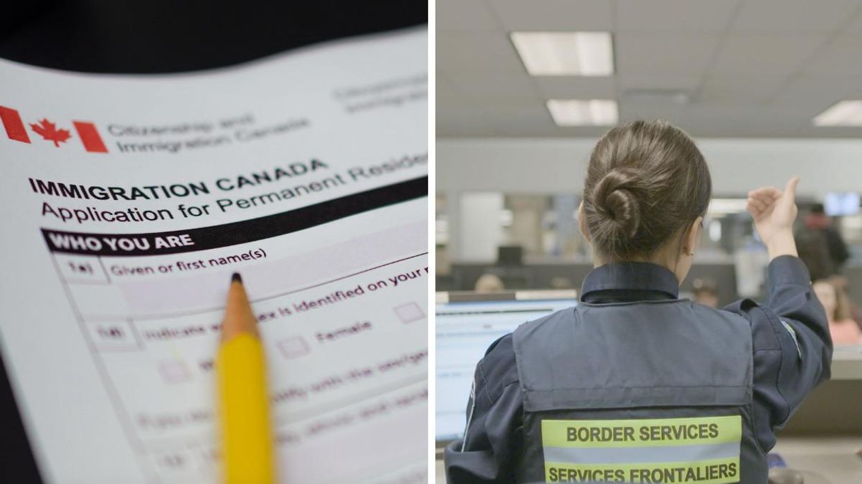 Immigration Canada application paperwork. Right: A border services officer at the Canadian border.